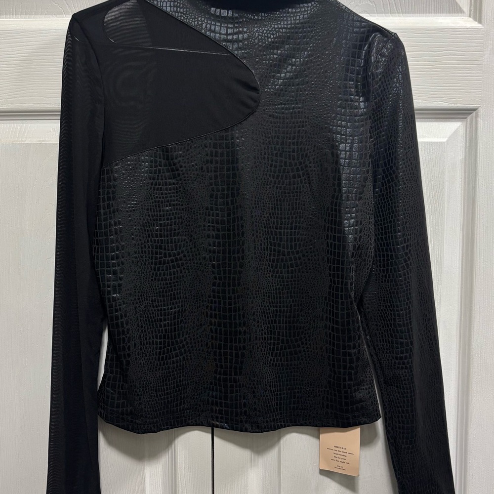 SHEIN Black Croc-Embossed Long Sleeve Top with Mesh See Through Design